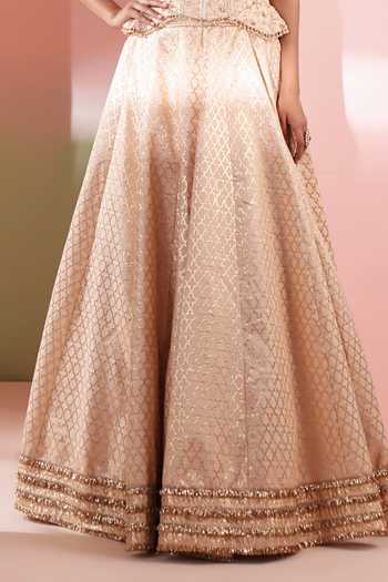 Shop Priyanka Jain Gold Viscose Embroidery, Sequins, Zari Sweetheart Neck Nooraya Lehenga Set Shop_Priyanka Jain_Gold Viscose Embroidery, Sequins, Zari Sweetheart Neck Nooraya Lehenga Set
