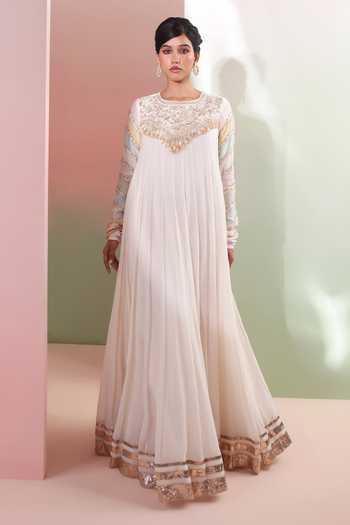Buy_Priyanka Jain_Pink Chanderi, Shantoon Round Neck Saaz Embroidered Anarkali With Dupatta _Online_at_Aza_Fashions