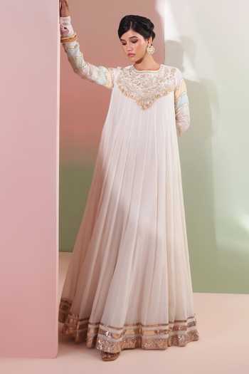 Shop_Priyanka Jain_Pink Chanderi, Shantoon Round Neck Saaz Embroidered Anarkali With Dupatta _Online_at_Aza_Fashions