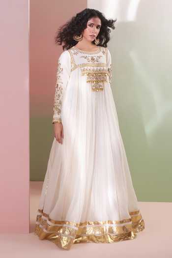 Shop_Priyanka Jain_Ivory Chanderi, Shantoon Round Neck Ruhani Embroidered Anarkali And Dupatta Set _Online_at_Aza_Fashions