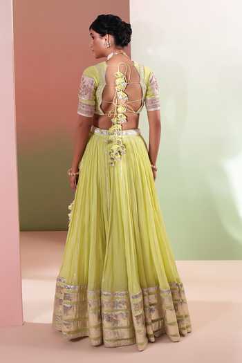 Buy Priyanka Jain Green Chanderi Square Neck Rang Rasiya Embroidered Lehenga Set Online at Aza Fashions Buy_Priyanka Jain_Green Chanderi Square Neck Rang Rasiya Embroidered Lehenga Set _Online_at_Aza_Fashions