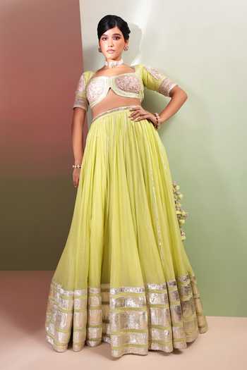 Shop Priyanka Jain Green Chanderi Square Neck Rang Rasiya Embroidered Lehenga Set Online at Aza Fashions Shop_Priyanka Jain_Green Chanderi Square Neck Rang Rasiya Embroidered Lehenga Set _Online_at_Aza_Fashions