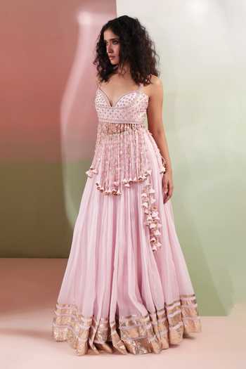Shop Priyanka Jain Pink Chanderi, Shantoon Sweetheart Neck Noorani Embroidered Lehenga Set Online at Aza Fashions Shop_Priyanka Jain_Pink Chanderi, Shantoon Sweetheart Neck Noorani Embroidered Lehenga Set _Online_at_Aza_Fashions