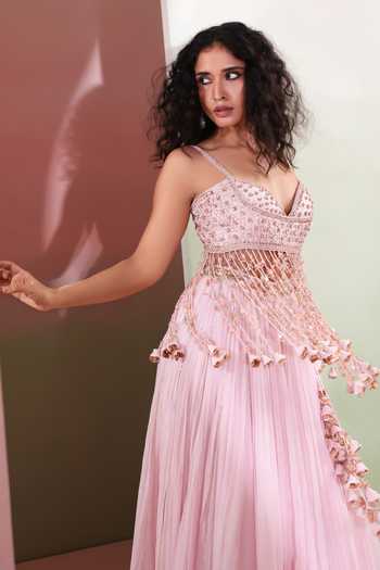 Priyanka Jain Pink Chanderi, Shantoon Sweetheart Neck Noorani Embroidered Lehenga Set at Aza Fashions Priyanka Jain_Pink Chanderi, Shantoon Sweetheart Neck Noorani Embroidered Lehenga Set _at_Aza_Fashions