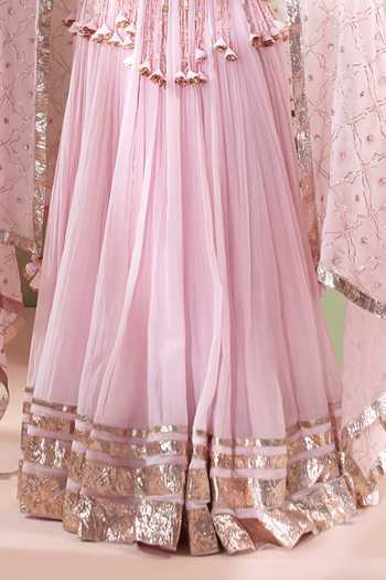 Buy Priyanka Jain Pink Chanderi, Shantoon Sweetheart Neck Noorani Embroidered Lehenga Set Buy_Priyanka Jain_Pink Chanderi, Shantoon Sweetheart Neck Noorani Embroidered Lehenga Set