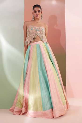 Buy Priyanka Jain Multi Color Tissue Bandeau Neck Rang E Meher Colorblock Lehenga And Blouse Set Online at Aza Fashions Buy_Priyanka Jain_Multi Color Tissue Bandeau Neck Rang E Meher Colorblock Lehenga And Blouse Set _Online_at_Aza_Fashions