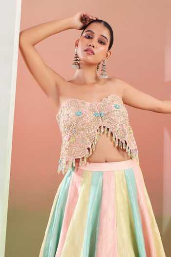 Shop Priyanka Jain Multi Color Tissue Bandeau Neck Rang E Meher Colorblock Lehenga And Blouse Set Online at Aza Fashions Shop_Priyanka Jain_Multi Color Tissue Bandeau Neck Rang E Meher Colorblock Lehenga And Blouse Set _Online_at_Aza_Fashions