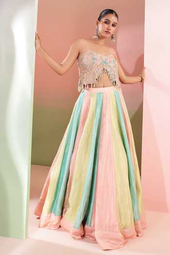 Priyanka Jain Multi Color Tissue Bandeau Neck Rang E Meher Colorblock Lehenga And Blouse Set at Aza Fashions Priyanka Jain_Multi Color Tissue Bandeau Neck Rang E Meher Colorblock Lehenga And Blouse Set _at_Aza_Fashions
