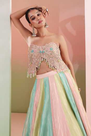Shop Priyanka Jain Multi Color Tissue Bandeau Neck Rang E Meher Colorblock Lehenga And Blouse Set Shop_Priyanka Jain_Multi Color Tissue Bandeau Neck Rang E Meher Colorblock Lehenga And Blouse Set
