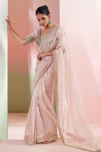 Priyanka Jain Pink Tissue V-neck Zoya Border Embroidered Saree With Blouse Online at Aza Fashions Priyanka Jain_Pink Tissue V-neck Zoya Border Embroidered Saree With Blouse _Online_at_Aza_Fashions
