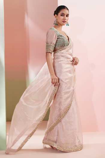 Buy Priyanka Jain Pink Tissue V-neck Zoya Border Embroidered Saree With Blouse Online at Aza Fashions Buy_Priyanka Jain_Pink Tissue V-neck Zoya Border Embroidered Saree With Blouse _Online_at_Aza_Fashions