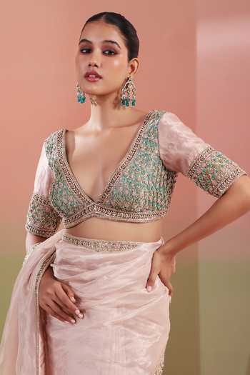 Shop Priyanka Jain Pink Tissue V-neck Zoya Border Embroidered Saree With Blouse Online at Aza Fashions Shop_Priyanka Jain_Pink Tissue V-neck Zoya Border Embroidered Saree With Blouse _Online_at_Aza_Fashions