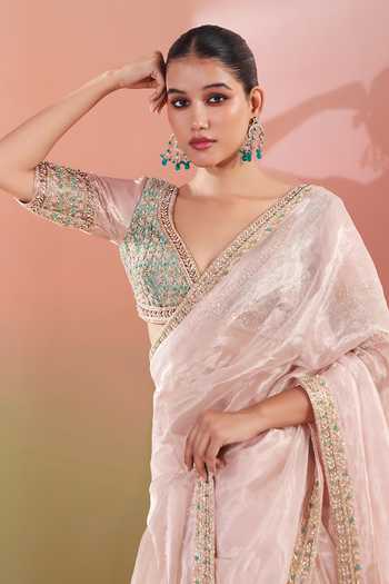 Priyanka Jain Pink Tissue V-neck Zoya Border Embroidered Saree With Blouse at Aza Fashions Priyanka Jain_Pink Tissue V-neck Zoya Border Embroidered Saree With Blouse _at_Aza_Fashions