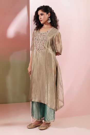 Buy_Priyanka Jain_Olive Green Tissue Zari, Stones Round Hiba Yoke Embroidered Kaftan And Palazzo Set _Online_at_Aza_Fashions