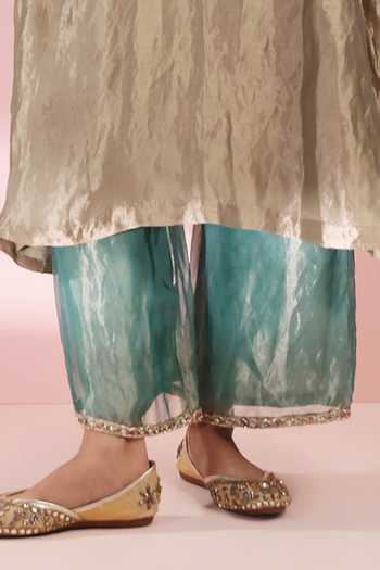 Shop_Priyanka Jain_Olive Green Tissue Zari, Stones Round Hiba Yoke Embroidered Kaftan And Palazzo Set _Online_at_Aza_Fashions