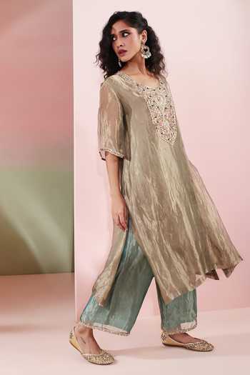 Priyanka Jain_Olive Green Tissue Zari, Stones Round Hiba Yoke Embroidered Kaftan And Palazzo Set _at_Aza_Fashions