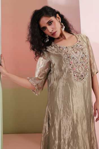 Buy_Priyanka Jain_Olive Green Tissue Zari, Stones Round Hiba Yoke Embroidered Kaftan And Palazzo Set 