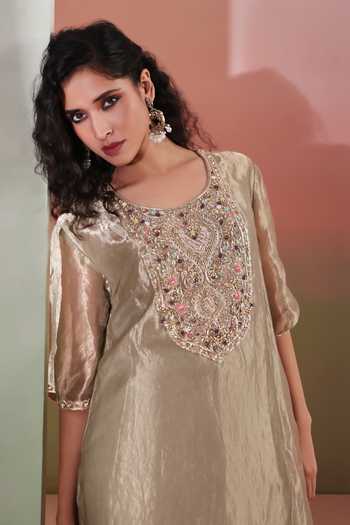 Shop_Priyanka Jain_Olive Green Tissue Zari, Stones Round Hiba Yoke Embroidered Kaftan And Palazzo Set 