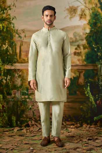 Shop Arihant Rai Sinha Green Silk, Velvet Floral Print Nehru Jacket And Kurta Set Online at Aza Fashions Shop_Arihant Rai Sinha_Green Silk, Velvet Floral Print Nehru Jacket And Kurta Set _Online_at_Aza_Fashions