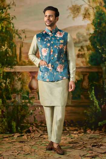 Arihant Rai Sinha Green Silk, Velvet Floral Print Nehru Jacket And Kurta Set at Aza Fashions Arihant Rai Sinha_Green Silk, Velvet Floral Print Nehru Jacket And Kurta Set _at_Aza_Fashions