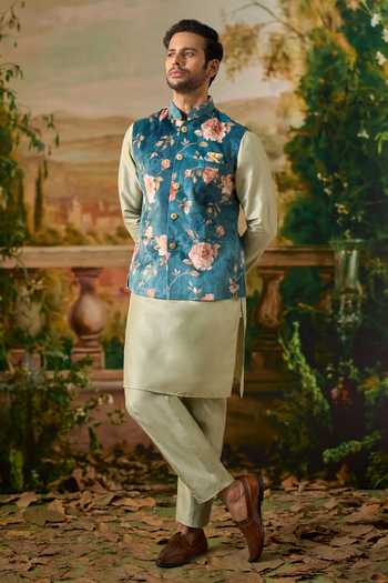 Buy Arihant Rai Sinha Green Silk, Velvet Floral Print Nehru Jacket And Kurta Set Buy_Arihant Rai Sinha_Green Silk, Velvet Floral Print Nehru Jacket And Kurta Set