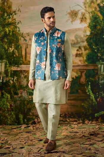 Shop Arihant Rai Sinha Green Silk, Velvet Floral Print Nehru Jacket And Kurta Set Shop_Arihant Rai Sinha_Green Silk, Velvet Floral Print Nehru Jacket And Kurta Set