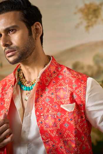 Buy Arihant Rai Sinha Cream Silk Bandhani Print Nehru Jacket And Kurta Set Online at Aza Fashions Buy_Arihant Rai Sinha_Cream Silk Bandhani Print Nehru Jacket And Kurta Set _Online_at_Aza_Fashions