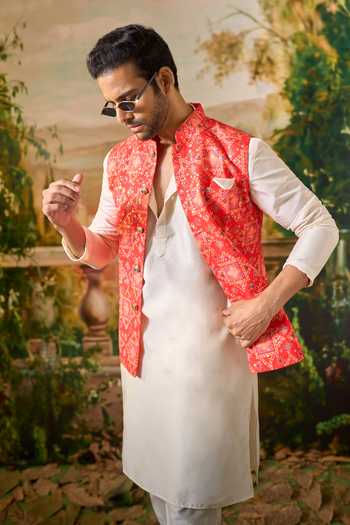 Shop Arihant Rai Sinha Cream Silk Bandhani Print Nehru Jacket And Kurta Set Online at Aza Fashions Shop_Arihant Rai Sinha_Cream Silk Bandhani Print Nehru Jacket And Kurta Set _Online_at_Aza_Fashions