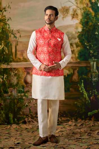 Buy Arihant Rai Sinha Cream Silk Bandhani Print Nehru Jacket And Kurta Set Buy_Arihant Rai Sinha_Cream Silk Bandhani Print Nehru Jacket And Kurta Set