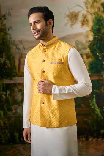 Shop Arihant Rai Sinha Off White Silk Pintucked Nehru Jacket And Kurta Set Online at Aza Fashions Shop_Arihant Rai Sinha_Off White Silk Pintucked Nehru Jacket And Kurta Set _Online_at_Aza_Fashions
