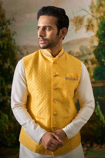 Arihant Rai Sinha Off White Silk Pintucked Nehru Jacket And Kurta Set at Aza Fashions Arihant Rai Sinha_Off White Silk Pintucked Nehru Jacket And Kurta Set _at_Aza_Fashions