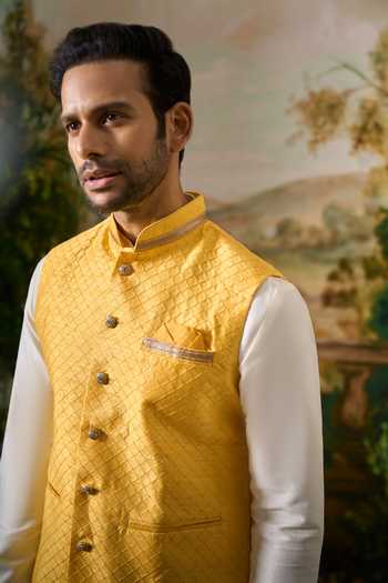 Shop Arihant Rai Sinha Off White Silk Pintucked Nehru Jacket And Kurta Set Shop_Arihant Rai Sinha_Off White Silk Pintucked Nehru Jacket And Kurta Set