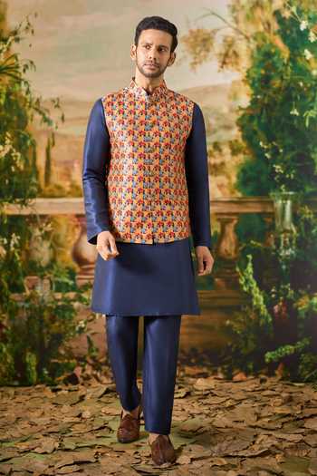 Arihant Rai Sinha Blue Silk, Jacquard Elephant Print Nehru Jacket And Kurta Set at Aza Fashions Arihant Rai Sinha_Blue Silk, Jacquard Elephant Print Nehru Jacket And Kurta Set _at_Aza_Fashions