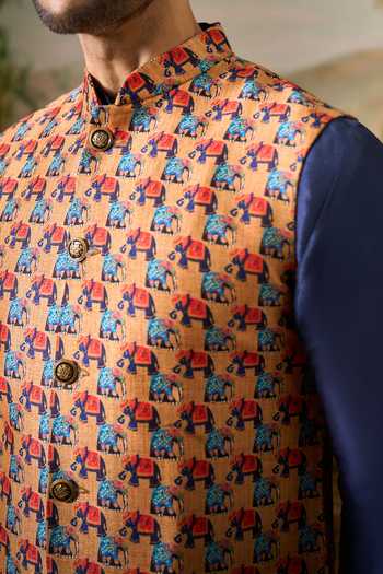 Buy Arihant Rai Sinha Blue Silk, Jacquard Elephant Print Nehru Jacket And Kurta Set Buy_Arihant Rai Sinha_Blue Silk, Jacquard Elephant Print Nehru Jacket And Kurta Set