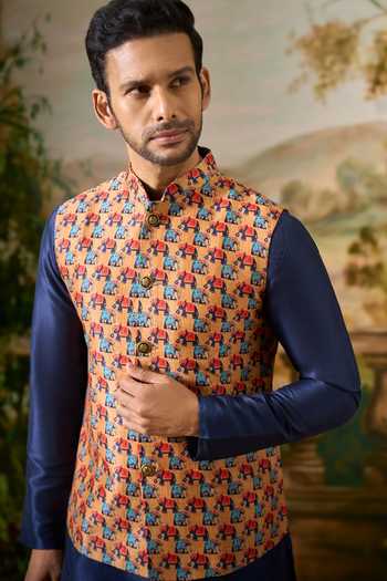 Shop Arihant Rai Sinha Blue Silk, Jacquard Elephant Print Nehru Jacket And Kurta Set Shop_Arihant Rai Sinha_Blue Silk, Jacquard Elephant Print Nehru Jacket And Kurta Set