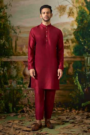 Shop_Arihant Rai Sinha_Maroon Silk Printed Nehru Jacket And Kurta Set _Online_at_Aza_Fashions