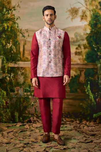 Arihant Rai Sinha_Maroon Silk Printed Nehru Jacket And Kurta Set _at_Aza_Fashions