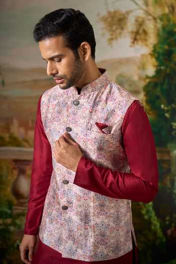 Buy_Arihant Rai Sinha_Maroon Silk Printed Nehru Jacket And Kurta Set 