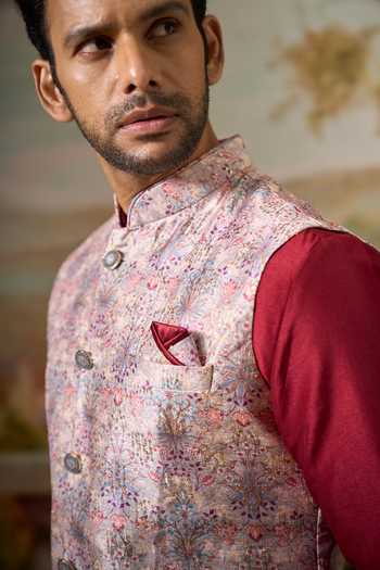 Shop_Arihant Rai Sinha_Maroon Silk Printed Nehru Jacket And Kurta Set 