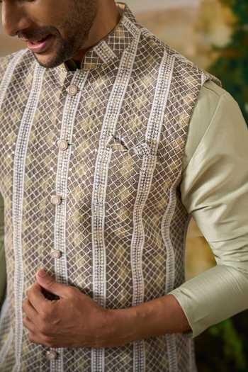 Arihant Rai Sinha Green Silk, Rayon Embroidered Nehru Jacket And Kurta Set at Aza Fashions Arihant Rai Sinha_Green Silk, Rayon Embroidered Nehru Jacket And Kurta Set _at_Aza_Fashions