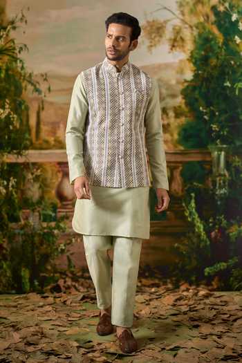 Shop Arihant Rai Sinha Green Silk, Rayon Embroidered Nehru Jacket And Kurta Set Shop_Arihant Rai Sinha_Green Silk, Rayon Embroidered Nehru Jacket And Kurta Set