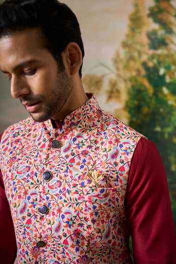 Shop Arihant Rai Sinha Maroon Silk, Cotton Paisley Print Nehru Jacket And Kurta Set Online at Aza Fashions Shop_Arihant Rai Sinha_Maroon Silk, Cotton Paisley Print Nehru Jacket And Kurta Set _Online_at_Aza_Fashions