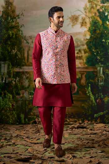 Arihant Rai Sinha Maroon Silk, Cotton Paisley Print Nehru Jacket And Kurta Set at Aza Fashions Arihant Rai Sinha_Maroon Silk, Cotton Paisley Print Nehru Jacket And Kurta Set _at_Aza_Fashions