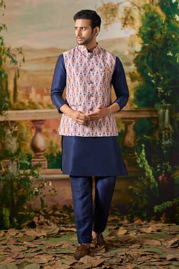 Buy Arihant Rai Sinha Blue Silk, Cotton Printed Nehru Jacket And Kurta Set Buy_Arihant Rai Sinha_Blue Silk, Cotton Printed Nehru Jacket And Kurta Set