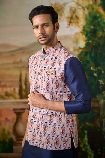 Shop Arihant Rai Sinha Blue Silk, Cotton Printed Nehru Jacket And Kurta Set Shop_Arihant Rai Sinha_Blue Silk, Cotton Printed Nehru Jacket And Kurta Set