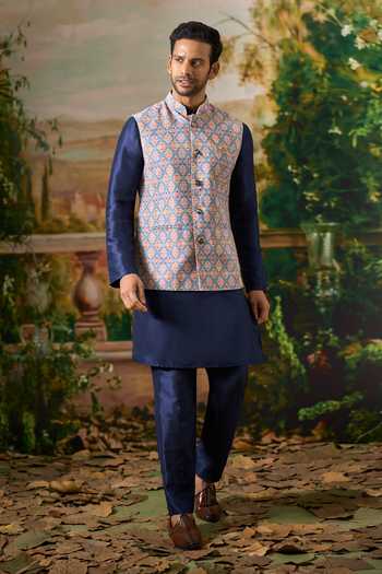 Arihant Rai Sinha_Blue Silk Patola Print Nehru Jacket And Kurta Set _at_Aza_Fashions