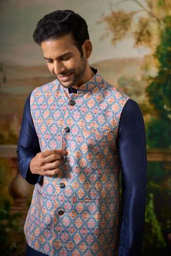 Buy_Arihant Rai Sinha_Blue Silk Patola Print Nehru Jacket And Kurta Set 