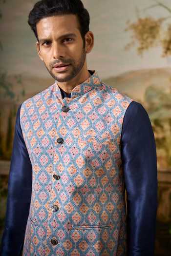 Shop_Arihant Rai Sinha_Blue Silk Patola Print Nehru Jacket And Kurta Set 