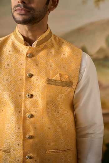 Shop Arihant Rai Sinha Cream Silk, Jacquard Woven Nehru Jacket And Kurta Set Online at Aza Fashions Shop_Arihant Rai Sinha_Cream Silk, Jacquard Woven Nehru Jacket And Kurta Set _Online_at_Aza_Fashions