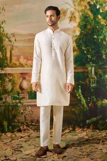 Arihant Rai Sinha Cream Silk, Jacquard Woven Nehru Jacket And Kurta Set at Aza Fashions Arihant Rai Sinha_Cream Silk, Jacquard Woven Nehru Jacket And Kurta Set _at_Aza_Fashions